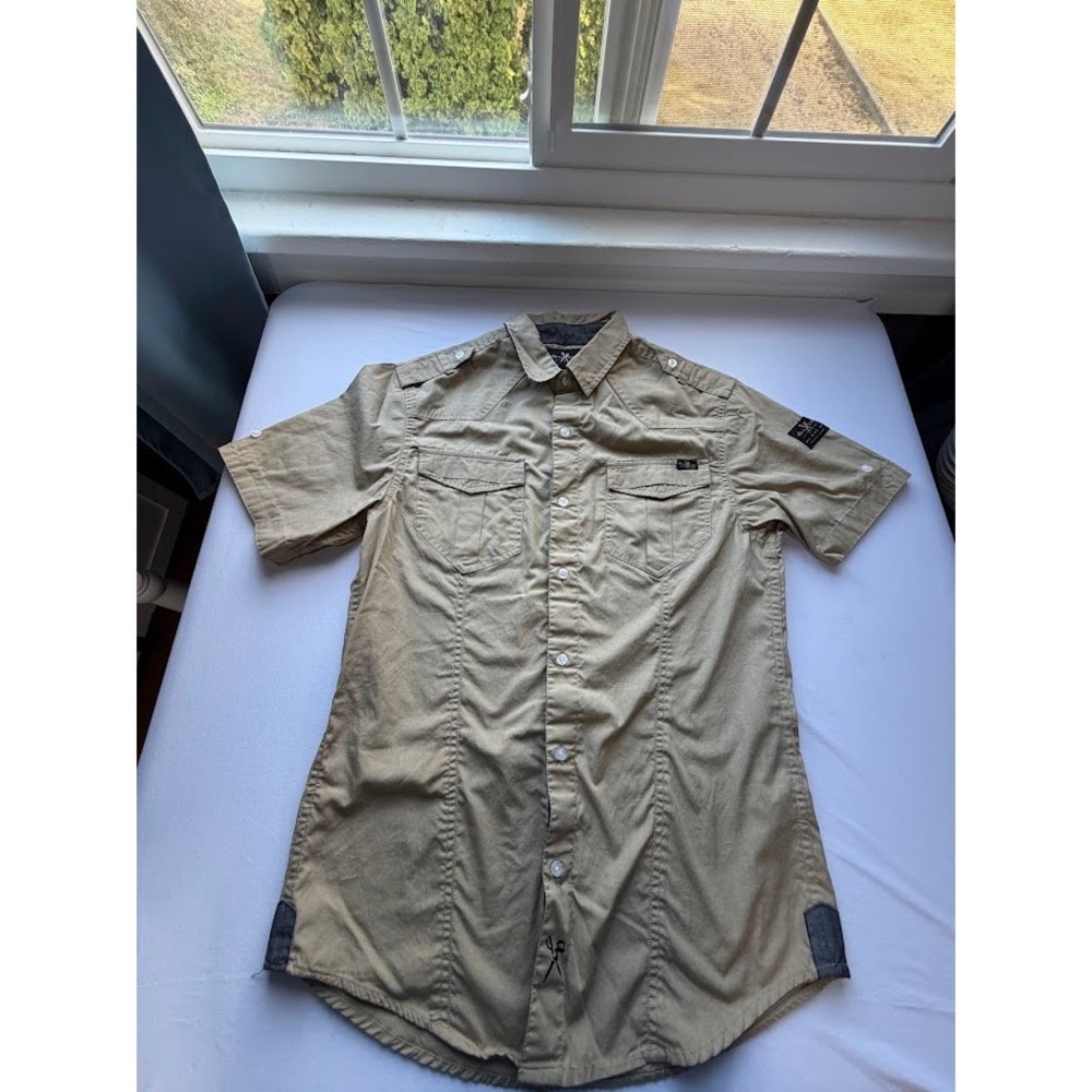 Marc Ecko Cut & Sew Men's Khaki Tan Short Sleeve Button Down Shirt - Small